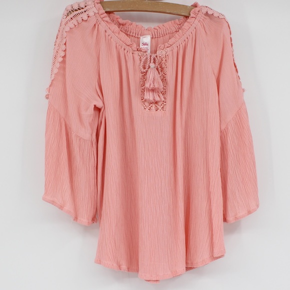 JUSTICE Girls Shirt Top 3/4 Length Peasant Boho Floral Lace Detail Size 10 - Picture 11 of 11